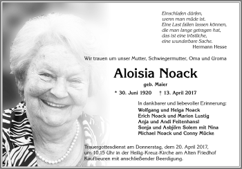 Traueranzeige von Aloisia Noack von Allgäuer Zeitung, Kaufbeuren/Buchloe