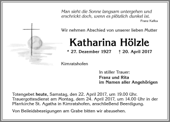 Traueranzeige von Katharina Hölzle von Allgäuer Zeitung,Kempten