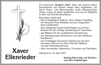 Traueranzeige von Xaver Ellenrieder von Allgäuer Zeitung, Kaufbeuren/Buchloe