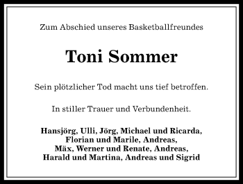 Traueranzeige von Toni Sommer von Allgäuer Anzeigeblatt