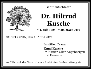 Traueranzeige von Hiltrud Kusche von Allgäuer Anzeigeblatt