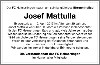 Traueranzeige von Josef Mattulla von Memminger Zeitung