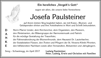 Traueranzeige von Josefa Paulsteiner von Allgäuer Zeitung, Füssen