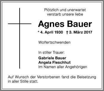 Traueranzeige von Agnes Bauer von Memminger Zeitung