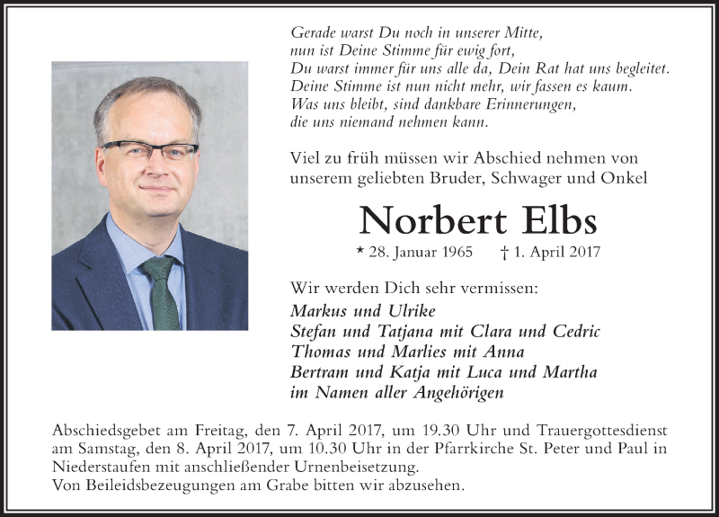  Traueranzeige für Norbert Elbs vom 05.04.2017 aus Der Westallgäuer