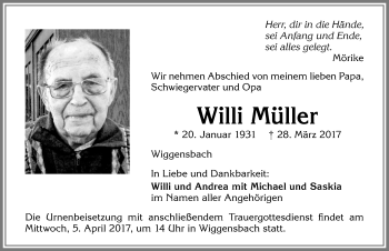 Traueranzeige von Willi Müller von Allgäuer Zeitung,Kempten