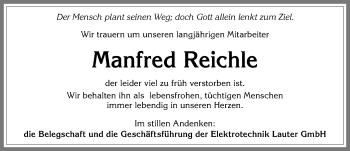 Traueranzeige von Manfred Reichle von Allgäuer Zeitung, Kaufbeuren/Buchloe