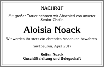 Traueranzeige von Aloisia Noack von Allgäuer Zeitung, Kaufbeuren/Buchloe