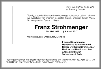 Traueranzeige von Franz Strohmenger von Memminger Zeitung