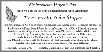 Traueranzeige von Kreszenzia Schechinger von Allgäuer Zeitung, Marktoberdorf