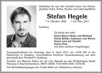 Traueranzeige von Stefan Hegele von Allgäuer Zeitung,Kempten
