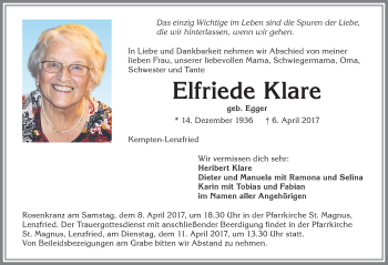 Traueranzeige von Elfriede Klare von Allgäuer Zeitung,Kempten
