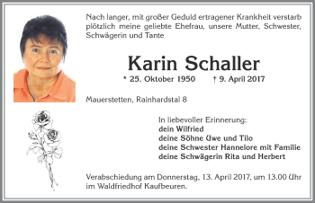 Traueranzeige von Karin Schaller von Allgäuer Zeitung, Kaufbeuren/Buchloe