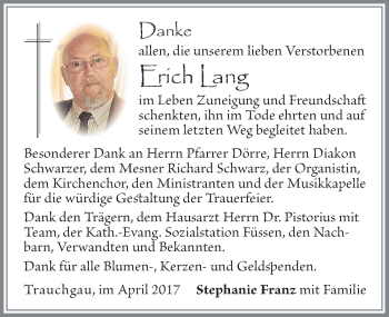 Traueranzeige von Erich Lang von Allgäuer Zeitung, Füssen