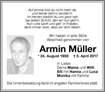 Traueranzeige von Armin Müller von Allgäuer Zeitung,Kempten