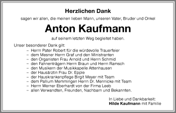 Traueranzeige von Anton Kaufmann von Memminger Zeitung