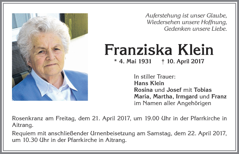  Traueranzeige für Franziska Klein vom 19.04.2017 aus Allgäuer Zeitung, Marktoberdorf