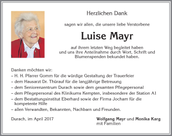 Traueranzeige von Luise Mayr von Allgäuer Zeitung,Kempten