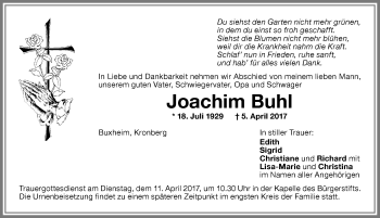 Traueranzeige von Joachim Buhl von Memminger Zeitung