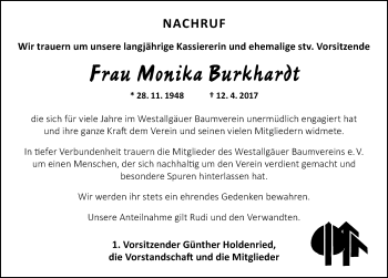 Traueranzeige von Monika Burghardt von Der Westallgäuer