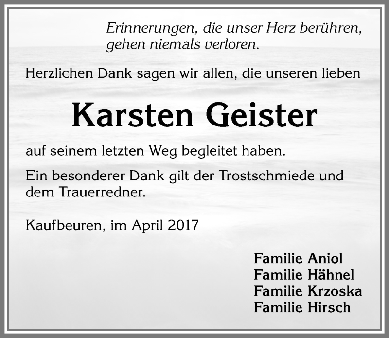  Traueranzeige für Karsten Geister vom 12.04.2017 aus Allgäuer Zeitung, Kaufbeuren/Buchloe