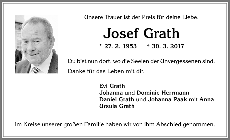  Traueranzeige für Josef Grath vom 10.04.2017 aus Allgäuer Zeitung,Kempten