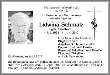 Traueranzeige von Lidwina Schmalz von Allgäuer Zeitung, Kaufbeuren/Buchloe