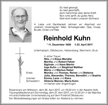 Traueranzeige von Reinhold Kuhn von Memminger Zeitung