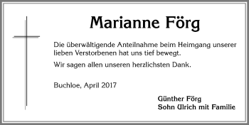 Traueranzeige von Marianne Förg von Allgäuer Zeitung, Kaufbeuren/Buchloe