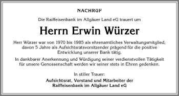 Traueranzeige von Erwin Würzer von Allgäuer Zeitung,Kempten