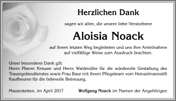 Traueranzeige von Aloisia Noack von Allgäuer Zeitung, Kaufbeuren/Buchloe