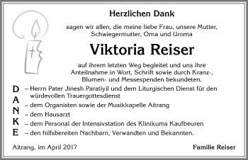 Traueranzeige von Viktoria Reiser von Allgäuer Zeitung, Marktoberdorf
