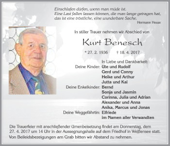 Traueranzeige von Kurt Benesch von Allgäuer Zeitung, Füssen