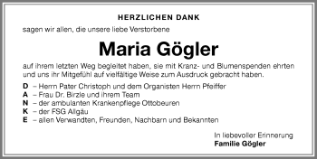 Traueranzeige von Maria Gögler von Memminger Zeitung