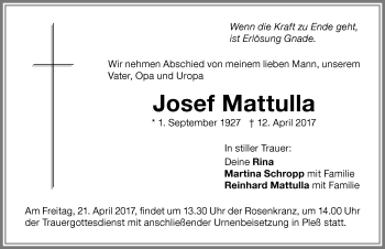 Traueranzeige von Josef Mattulla von Memminger Zeitung
