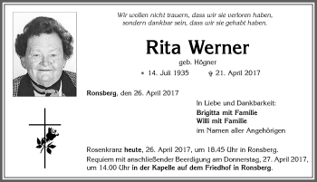 Traueranzeige von Rita Werner von Allgäuer Zeitung, Marktoberdorf