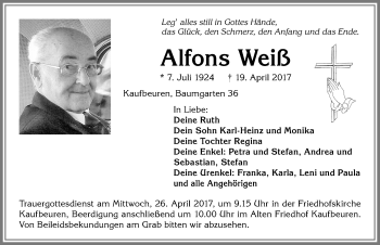 Traueranzeige von Alfons Weiß von Allgäuer Zeitung, Kaufbeuren/Buchloe