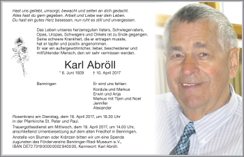 Traueranzeige von Karl Abröll von Memminger Zeitung