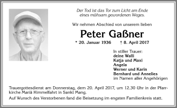 Traueranzeige von Peter Gaaßner von Allgäuer Zeitung,Kempten