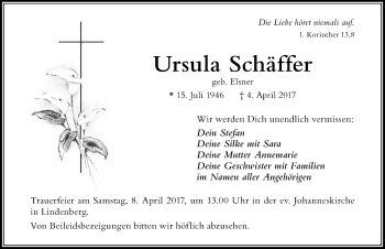 Traueranzeige von Ursula Schäffer von Der Westallgäuer