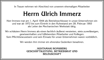 Traueranzeige von Ulrich Immerz von Allgäuer Zeitung, Marktoberdorf