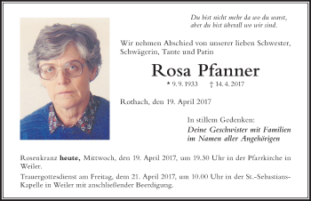 Traueranzeige von Rosa Pfanner von Der Westallgäuer