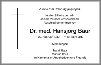 Traueranzeige von Hansjörg Baur von Allgäuer Zeitung