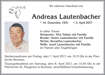 Traueranzeige von Andreas Lautenbacher von Allgäuer Zeitung, Kaufbeuren/Buchloe