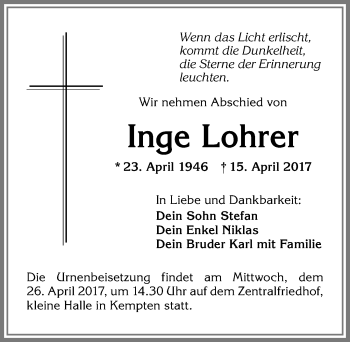 Traueranzeige von Inge Lohrer von Allgäuer Zeitung,Kempten