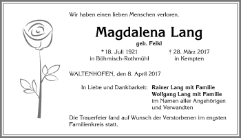 Traueranzeige von Magdalena Lang von Allgäuer Zeitung,Kempten