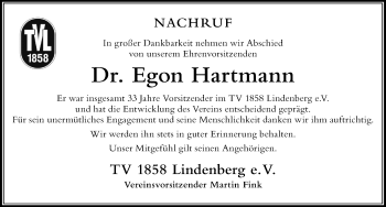 Traueranzeige von Egon Hartmann von Der Westallgäuer