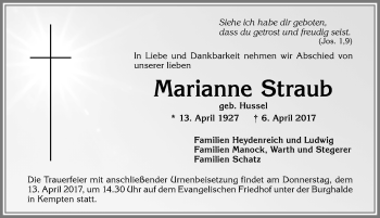 Traueranzeige von Marianne Straub von Allgäuer Zeitung,Kempten