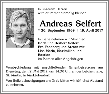 Traueranzeige von Andreas Seifert von Allgäuer Zeitung,Kempten