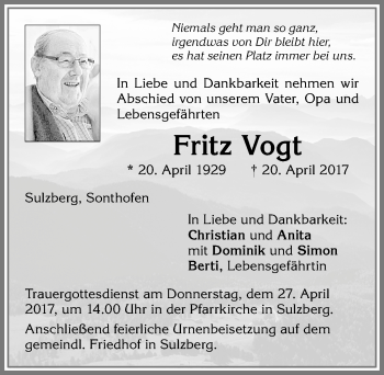 Traueranzeige von Fritz Vogt von Allgäuer Zeitung,Kempten